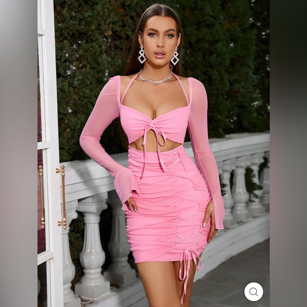 PARTHEA Cut Out Lace Up Cross Mini Dress - Pink